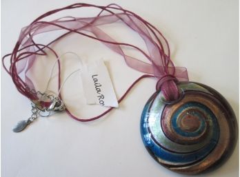 Signed LAILA ROWE, Contemporary Organza RIBBON NECKLACE,  ART GLASS Disc Pendant