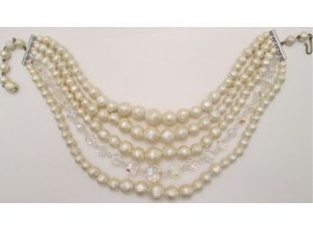 Signed Vintage Choker NECKLACE, Multistrand Faux Pearl & Crystals, Adjustable Length, Silver Tone Base Metal
