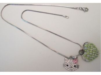 Contemporary HELLO KITTY NECKLACE, Pave RHINESTONES With HEART & Silver Tone Base Metal Chain
