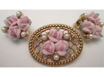 Set 3 Pieces! Vintage BROOCH PIN & Clip EARRINGS, Handmade PORCELAIN ROSES, Faux Pearls, Detailed Backing