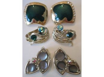 LOT Of 3 Pairs! Vintage CLIP EARRINGS, MULTICOLOR Inserts Including Rhinestones, Base Metal Finishes