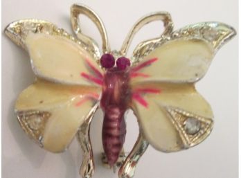 Vintage BUTTERFLY MARIPOSA BROOCH PIN, Faceted Stones, Gold Tone Base Metal Setting, Hand Decorated