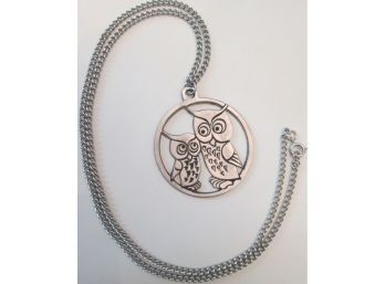 Vintage OWL NECKLACE With Silver Tone Base Metal Chain, PIERCED PENDANT Circa 1970