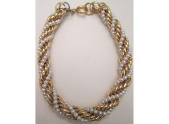 Vintage BRACELET, Braided Chain & Faux Pearl Rope, Gold Tone Base Metal Chain & Closure