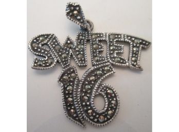 Signed Drop PENDANT, 'SWEET 16' Faceted Marcasite Stones, Sterling .925 Silver Setting