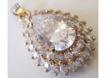 Vintage CUBIC ZIRCONIA TEARDROP PENDANT, Gold Tone Base Metal Setting, Ready For Your Chain