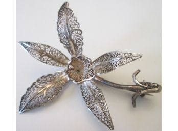 Vintage BROOCH PIN, ORCHID Bloom Design, Silver Tone FILIGREE Setting Beautifully Crafted