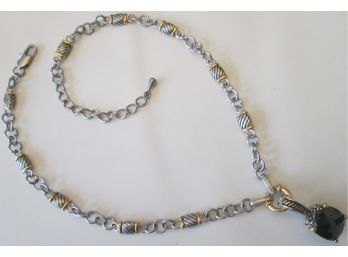 Contemporary CHAIN NECKLACE, SQUARE Stone Pendant, Silver Tone Finish, Gold Accents, Mechanical Clasp