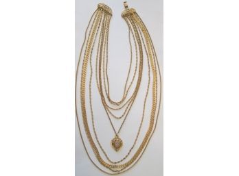 Signed MONET, Vintage Multi Strand CHAIN Necklace, HEART Pendant, Gold Tone Base Metal, Functional Clasp