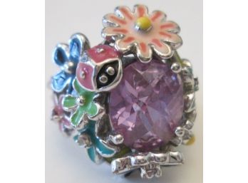Contemporary Finger RING, Whimsical LADYBUG & FLOWERS, Purple Stone, Silver Base Metal Setting, Appx Size 6.5
