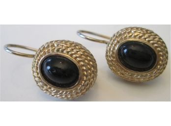 Contemporary PAIR Pierced EARRINGS, ROPED EDGE Detail, Black CABOCHON Inserts, Gold Base Metal Construction