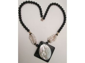 Vintage BLACK Bead Necklace, Oversized DROP Pendant, Faux Pearls & Mother Of Pearl Mosaic, Mechanical Clasp