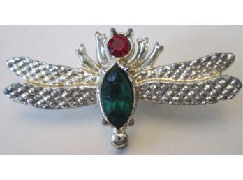 Vintage DRAGONFLY PIN, Green & Red Rhinestones, Textured Silver Tone Base Metal Setting