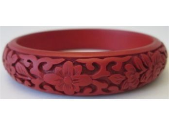 Vintage BANGLE Bracelet, RED Cinnabar Style, Carved Floral Pattern, Asian Inspired