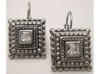 Contemporary Pierced EARRINGS Set, Loop Closure, Square Design, Crystal Clear RHINESTONE Inserts, Silver Tone