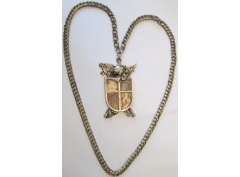 Vintage DROP NECKLACE, Oversized COAT Of ARMS Pendant, Gold Tone Base Metal Setting & Chain