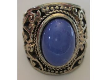 Contemporary Finger RING, Cultured BLUE CABOCHON, Openwork Base Metal Setting, Approx. Size 7.75