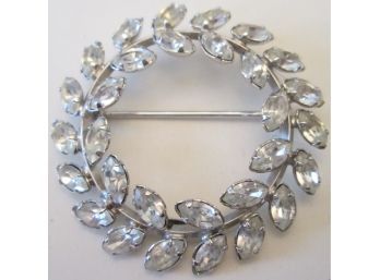 Signed ART, Vintage Ring BROOCH PIN, Gentle LEAF Design, .925 Silver Setting, Crystal Clear Stones