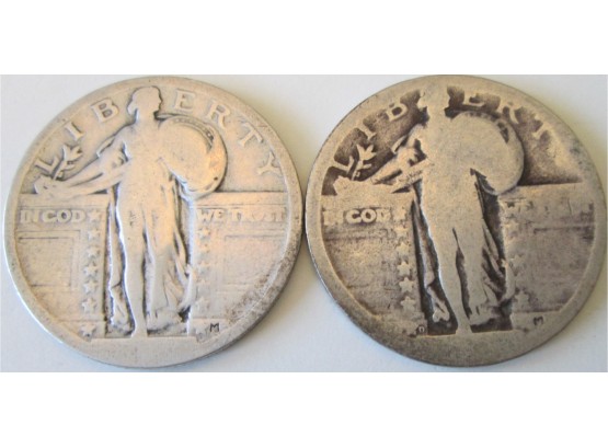 Set Of 2 Coins! Authentic STANDING LIBERTY 90 Percent SILVER QUARTER Dollars $.25 United States
