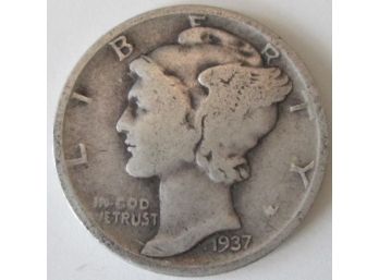Authentic 1937D MERCURY SILVER DIME $.10, 90 Percent Silver, DENVER Mint, United States