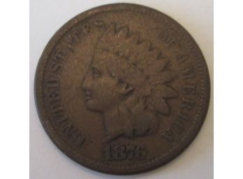 Authentic 1876P INDIAN Cent Penny COPPER $.01, Copper Content, Philadelphia Mint, United States