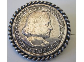 Authentic 1892P COLUMBIAN EXPOSITION Commemorative, Vintage Brooch Pin, SILVER Half Dollar $.50 United States