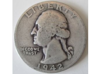 Authentic 1942P WASHINGTON SILVER QUARTER Dollar $.25, 90 Percent Silver, PHILADELPHIA Mint, United States