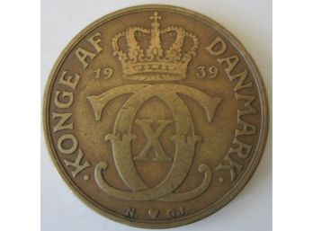 Authentic 1939 Coin, 2 KRONER, Aluminum BRONZE Content, Denmark
