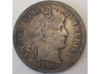 Authentic 1908P BARBER Or LIBERTY SILVER DIME $.10, PHILADELPHIA Mint, 90 Percent Silver, United States