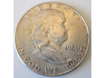 Authentic 1950P FRANKLIN SILVER Half Dollar $.50, 90 Percent Silver, United States