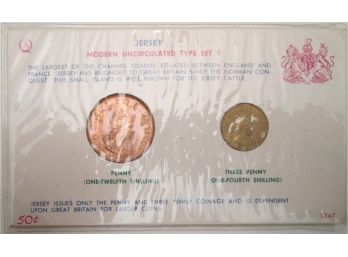 Set Of 2 Coins! Authentic 1964 Uncirculated TYPE Set, JERSEY Channel Island, Queen Elizabeth II