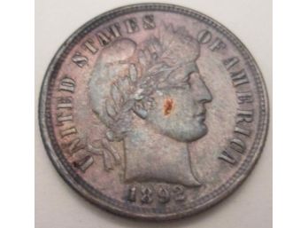 Authentic 1892P BARBER Or LIBERTY SILVER DIME $.10, First Year Issue, PHILADELPHIA Mint, United States