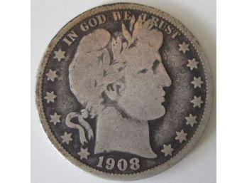 Authentic 1908O BARBER Or LIBERTY SILVER Half Dollar $.50, New Orleans Mint, 90 Percent Silver, United States