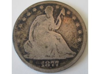 Authentic 1877S SEATED LIBERTY Half Dollar $.50, 90 Percent SILVER, San Francisco Mint, United States