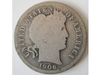 Authentic 1906O BARBER Or LIBERTY SILVER DIME $.10, New Orleans Mint, 90 Percent Silver, United States