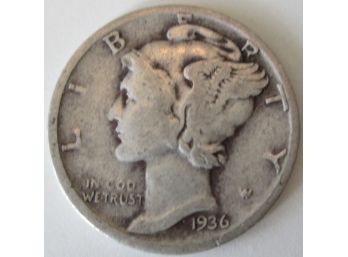 Authentic 1936P MERCURY SILVER DIME $.10, PHILADELPHIA Mint, 90 Percent Silver, United States