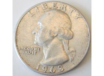 Authentic 1963P WASHINGTON SILVER QUARTER Dollar $.25, Philadelphia Mint, United States