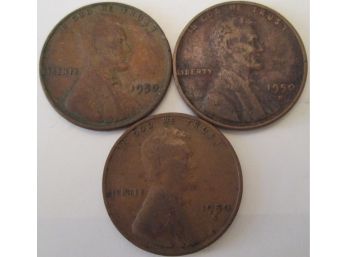 SET Of 3! Authentic 1950PDS LINCOLN Cent WHEAT Penny $.01, United States