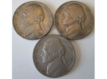 SET Of 3 Coins! Authentic 1941P, 1941D & 1941S JEFFERSON NICKELS $.05, First Year Of Issue, United States