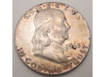 Authentic 1963D FRANKLIN SILVER Half Dollar $.50, DENVER Mint, 90 Percent Silver, United States