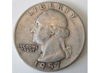 Authentic 1957P WASHINGTON SILVER QUARTER Dollar $.25, 90 Percent Silver, Philadelphia Mint, United States