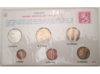 Set Of 6 Coins! Authentic 1965 Uncirculated TYPE Year Set, 35 Percent Silver 1 MARKKA,  FINLAND
