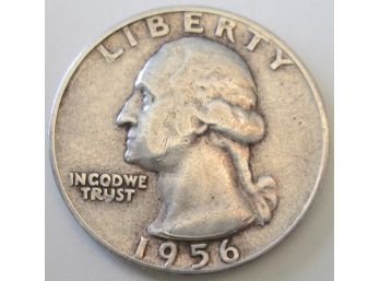 Authentic 1956P WASHINGTON SILVER QUARTER Dollar $.25, 90percent Silver, United States