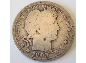 Authentic 1903P BARBER Or LIBERTY SILVER QUARTER $.25, 90 Percent Silver, United States
