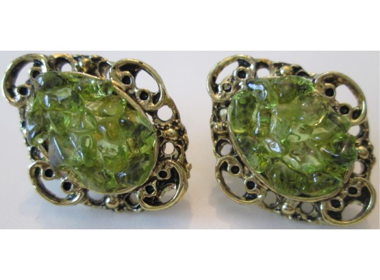 Vintage PAIR CLIP SCREW EARRINGS, GREEN Glass Inserts, Gold Tone Base Metal Finish