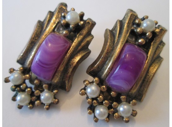 Vintage PAIR CLIP EARRINGS, PURPLE Inserts With Faux Pearls, Gold Tone Base Metal Finish
