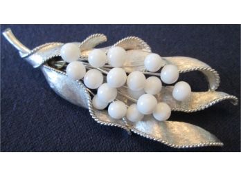 Vintage LEAF & BERRIES BROOCH PIN, White Beads, SILVER Tone Base Metal Finish