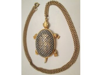 Vintage TURTLE PENDANT With Chain, Gold Tone Base Metal Finish