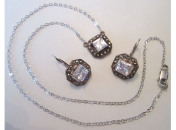 Contemporary 3PC NECKLACE & Pierced EARRINGS SET, Faceted CRYSTAL Stones, STERLING .925 Silver Setting