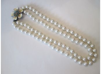Vintage Faux PEARL NECKLACE, Flower Clasp With Faceted Rhinestones, DOUBLE Strand